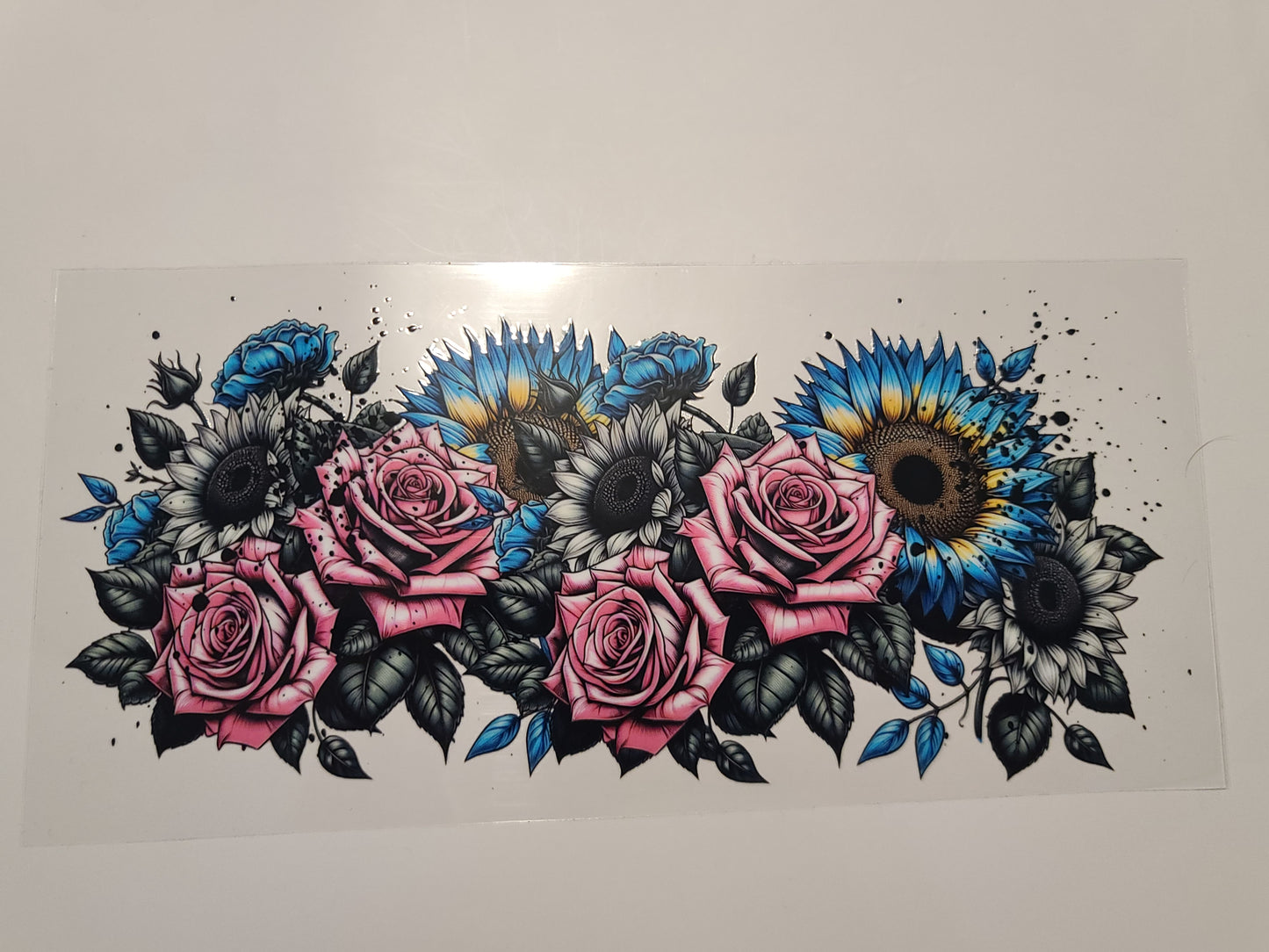 Pink Roses Blue and Yellow Sunflowers