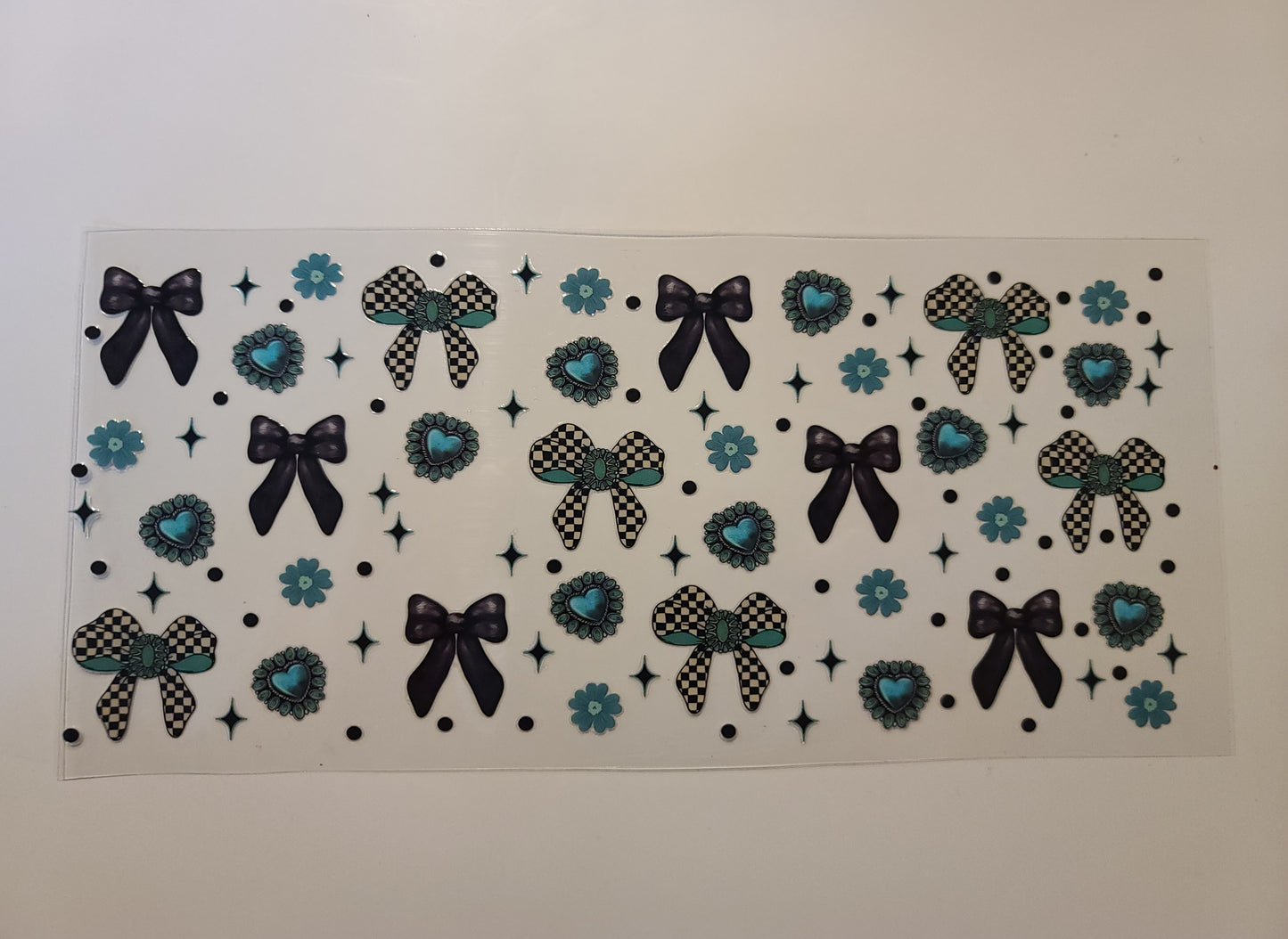 Teal Black and White Bows, Hearts and Flowers W8