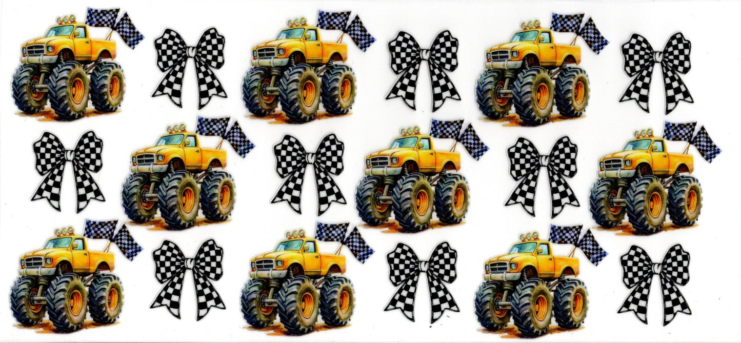 Yellow Monster Trucks with Checkered Bows