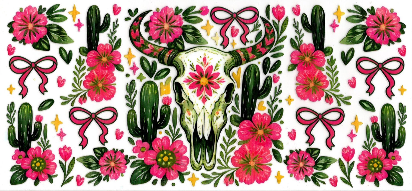 Western Bull Skull Pink and Green
