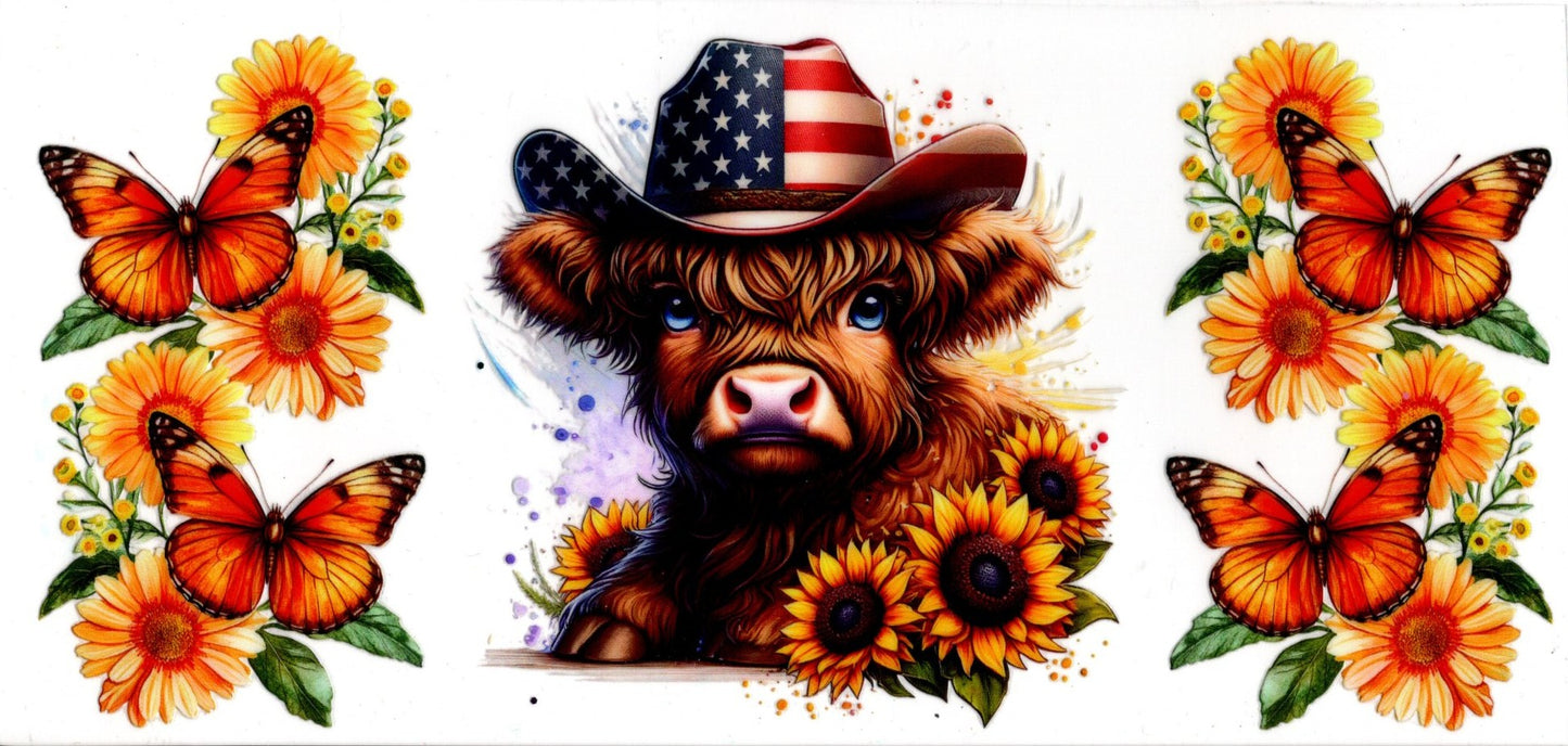 Highland Cow American Flag Hat Flowers and Butterflies