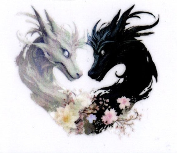 Black and White Dragons with Yellow and Pink Flowers