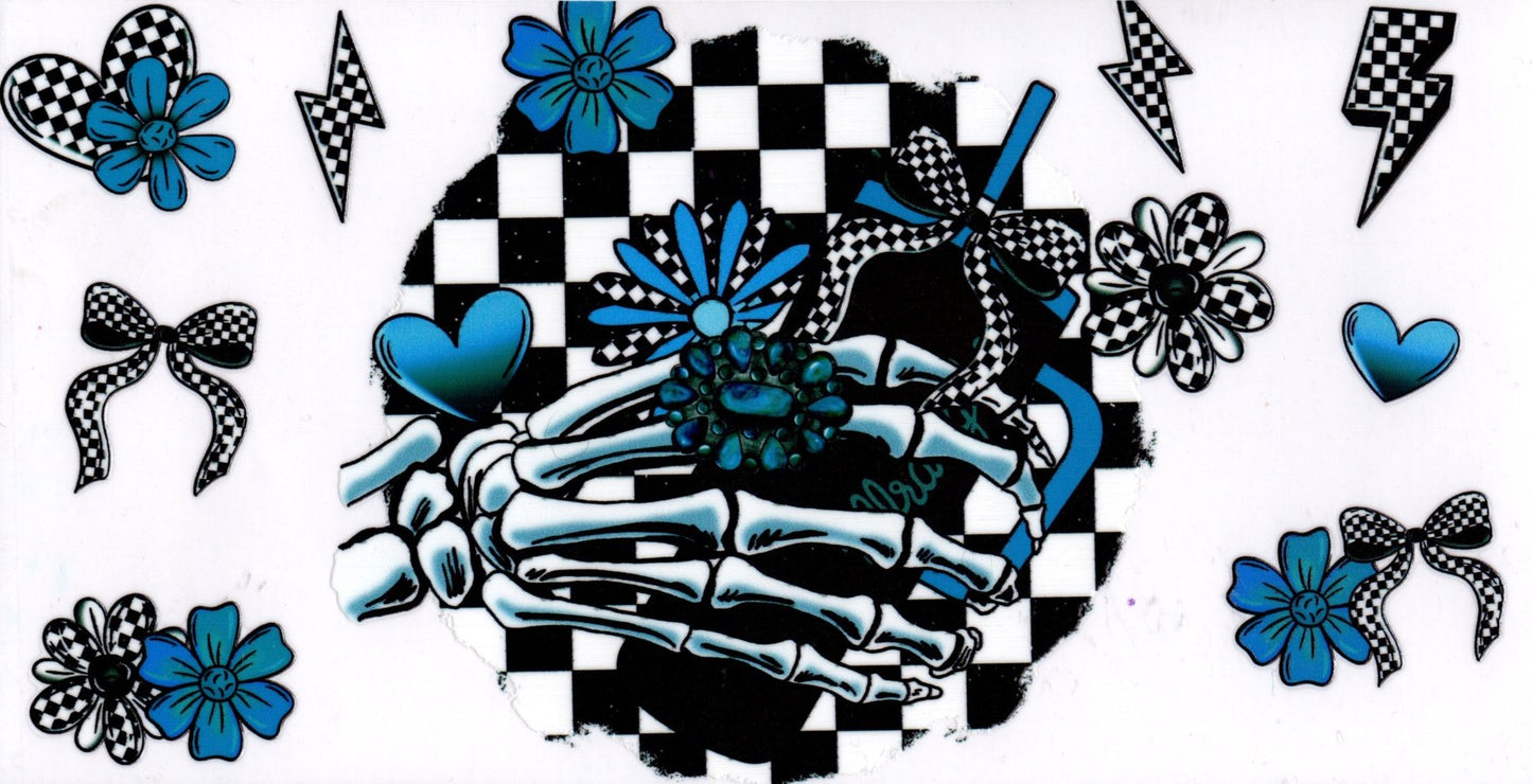 Blue Black and White Western Heart, Skeleton, Flowers and Bows