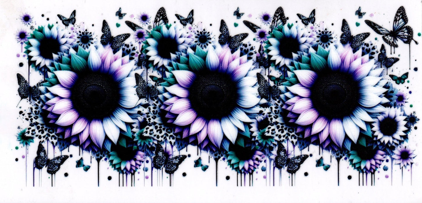 Teal and Purple Sunflowers with Butterflies