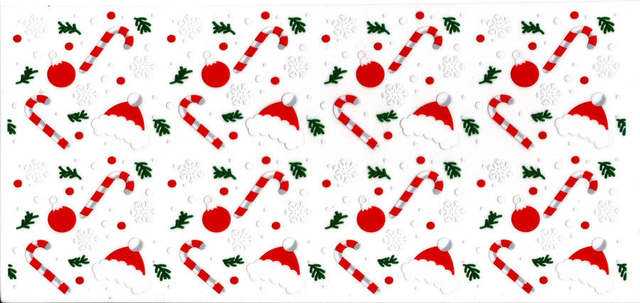 Candy Canes Santy Hats Ornaments and Snowflakes