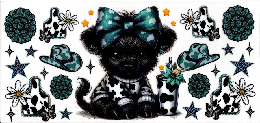Highland Cow with Western Things ~ Blue Cow Print Bow and Shirt