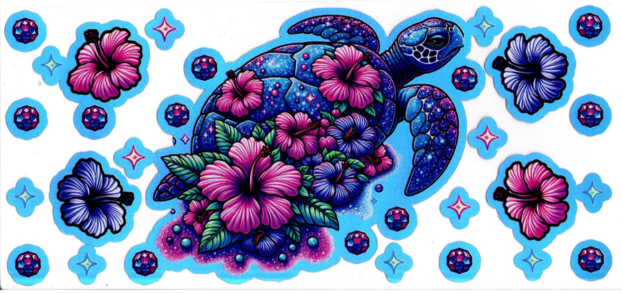 Holographic Blue Turtle with Pink and Purple Flowers