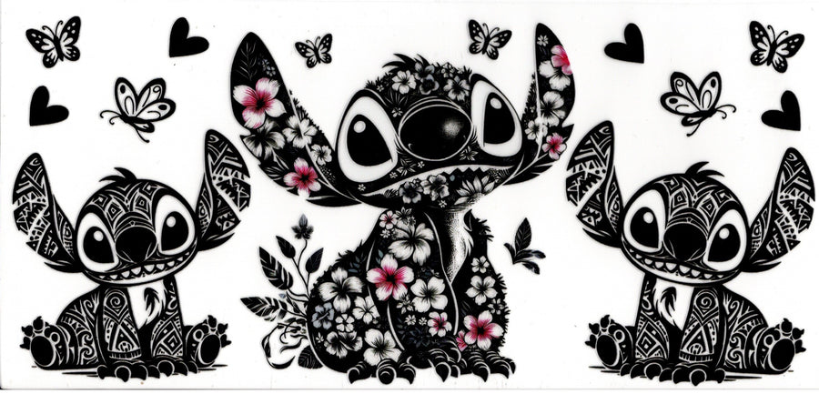 Black Lined Stitch with Pink Flowers