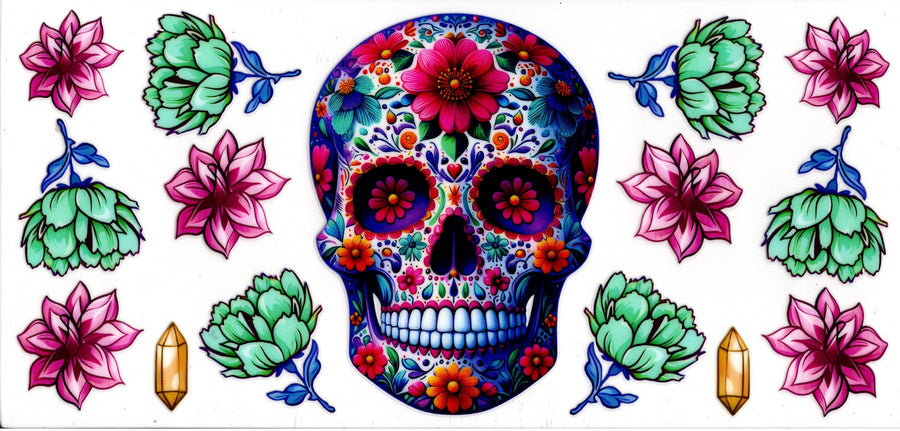 Sugar Skull ~ Teal and Pink Flowers