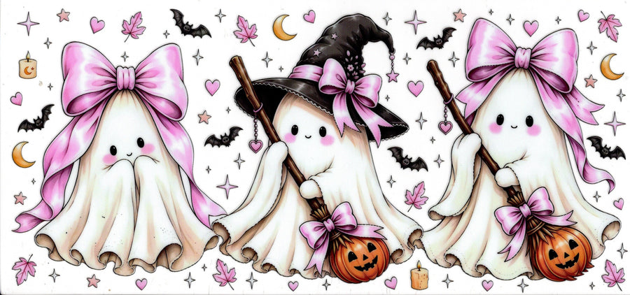 cute ghost with pumpkin brooms