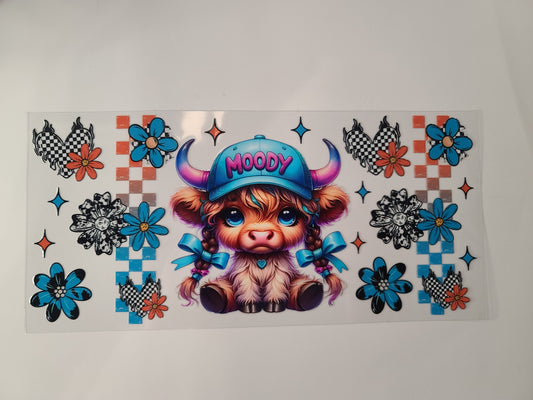 Moody Highland Cow Blue Flowers and Bows