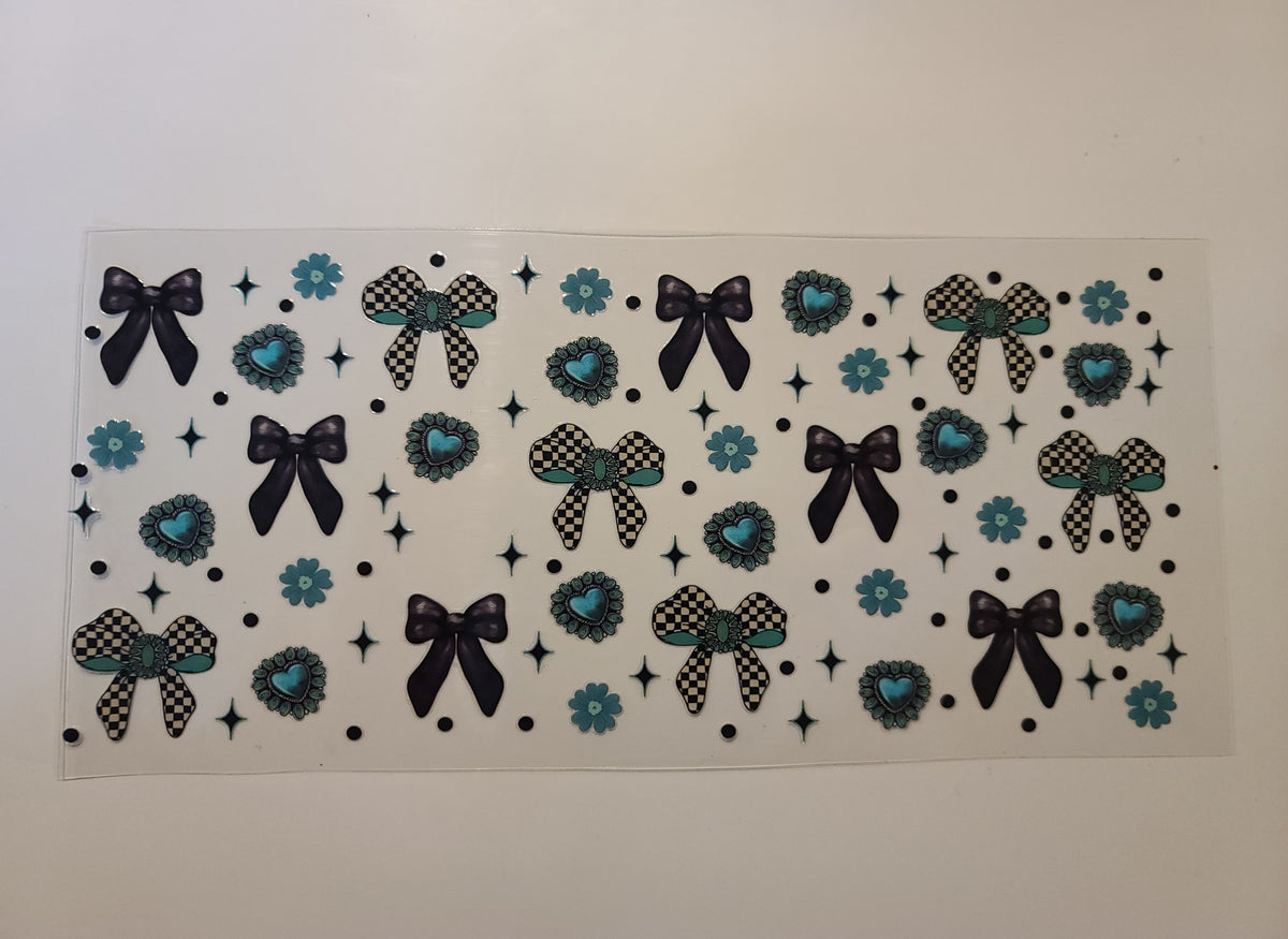 Teal Black and White Bows, Hearts and Flowers W8