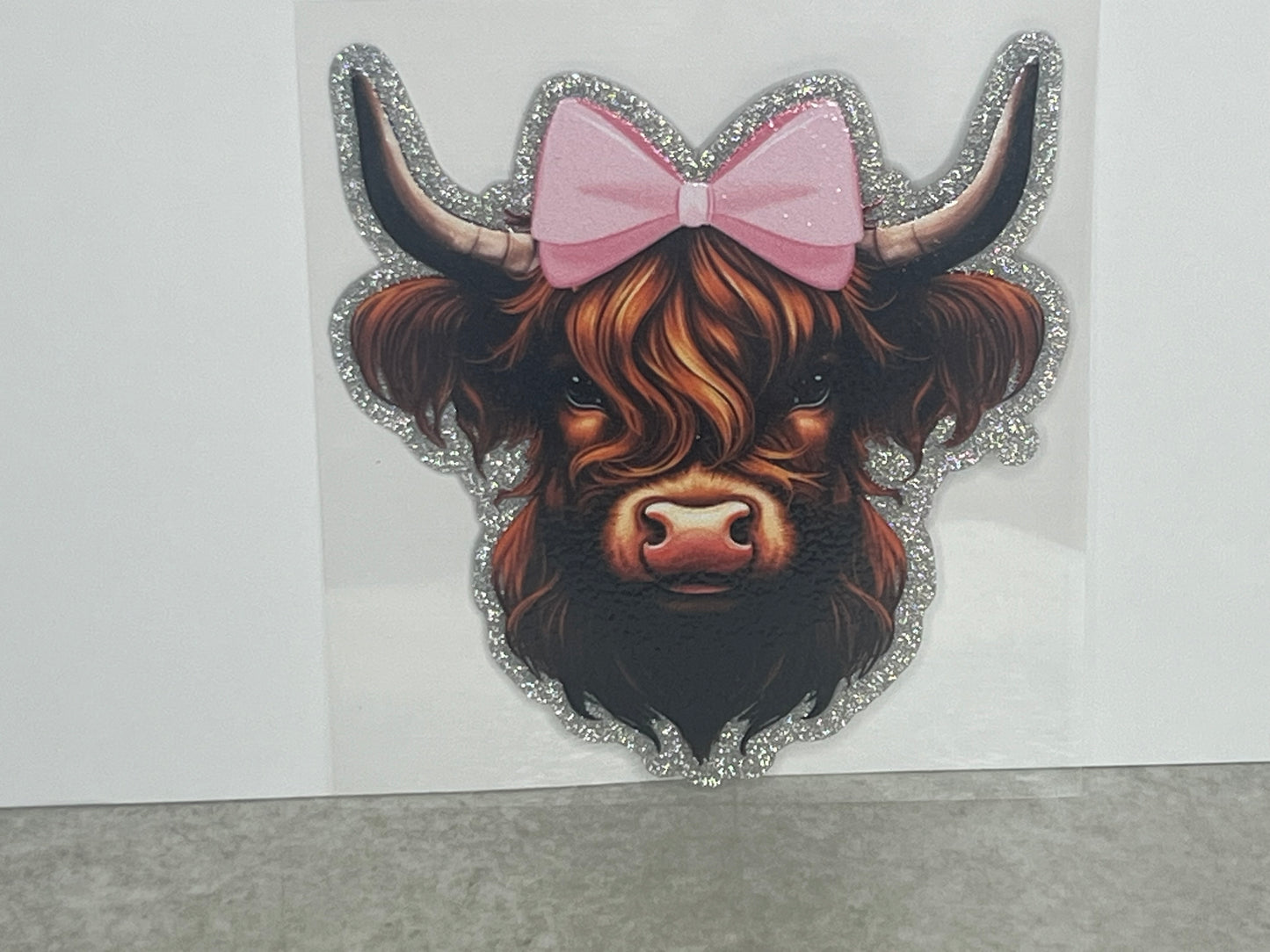 Highland Cow Pink Bow Glitter ~ Decal