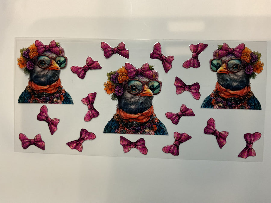 Black Chicken With Pink Bows and Flowers
