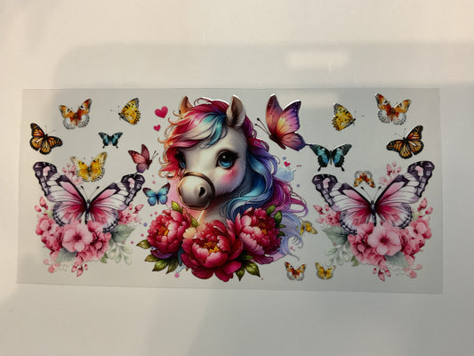 White Pony Head Colorful Flowers and Butterflies