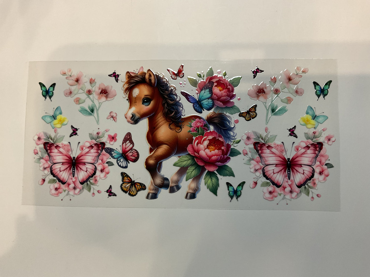 Brown Pony Colorful Flowers and Butterflies