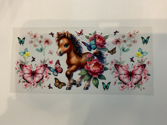 Brown Pony Colorful Flowers and Butterflies