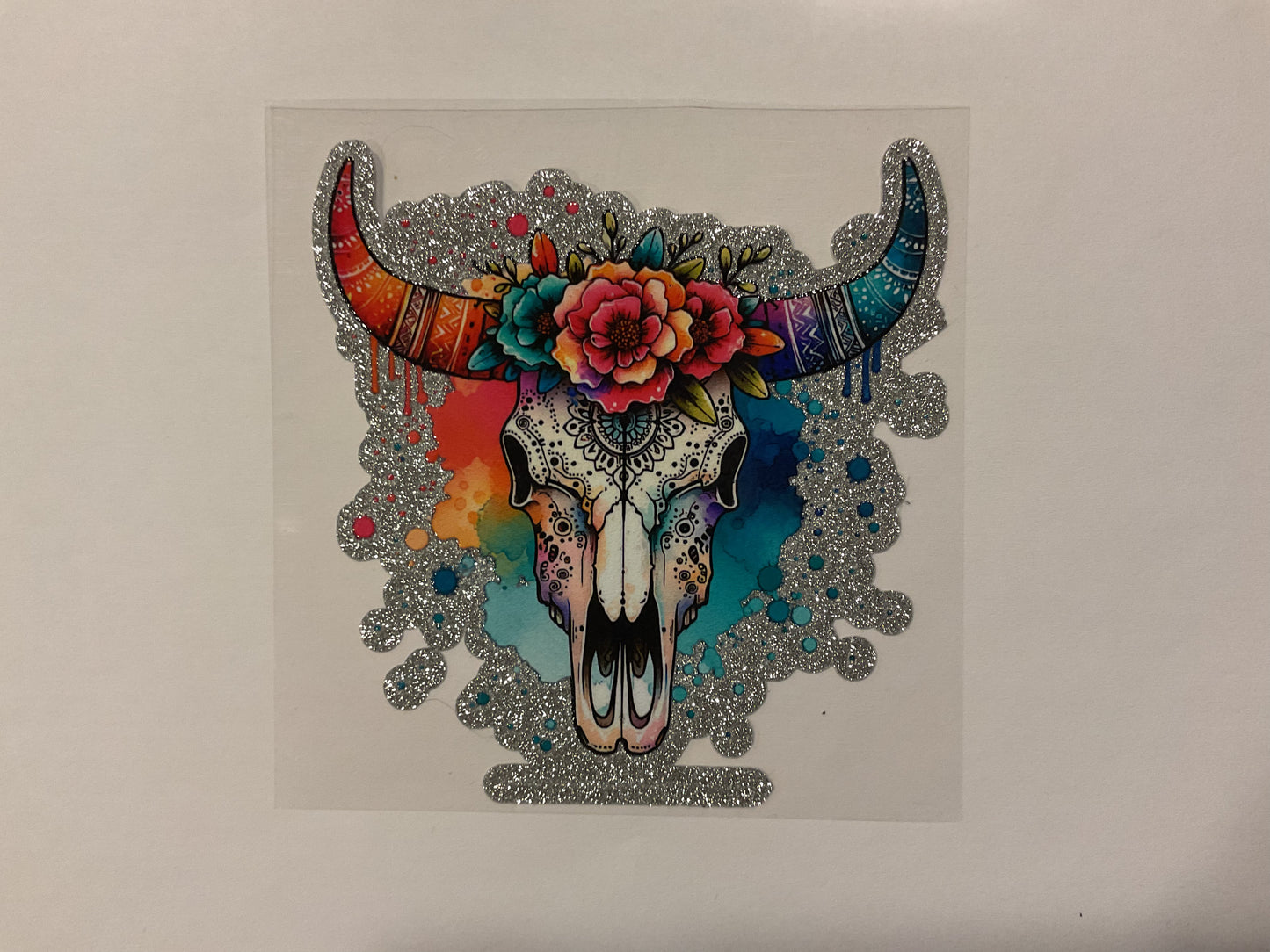 Glitter Western Bull Skull Bright Flowers ~ Decal
