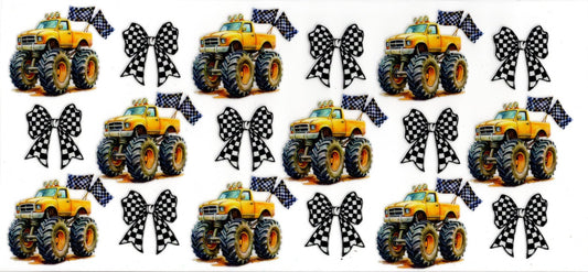 Yellow Monster Trucks with Checkered Bows