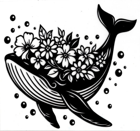 Whales and Flowers Black Outline