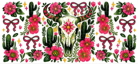 Western Bull Skull Pink and Green