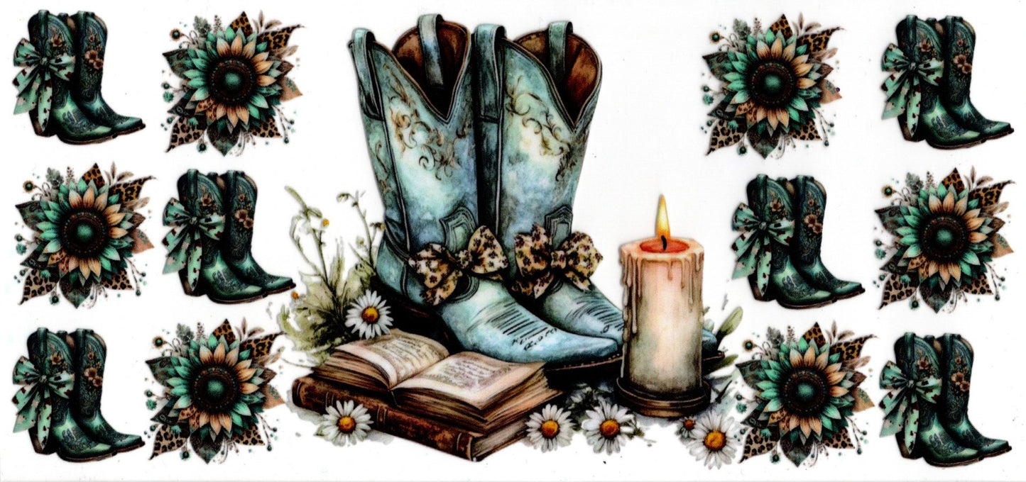 light Blue Boots Book Candle Flowers