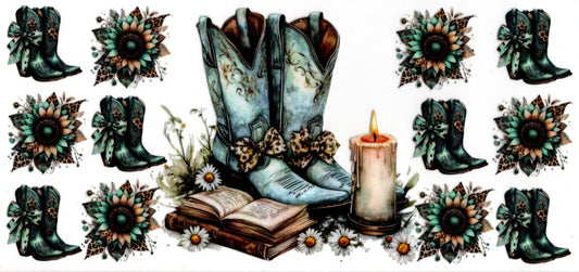 light Blue Boots Book Candle Flowers