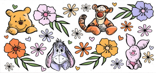 Winnie The Pooh, Piglet, Tigger and Eeyore and Flowers