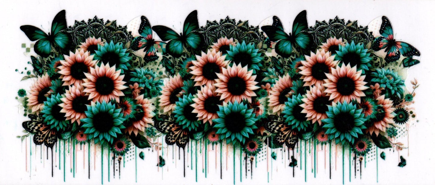 Peach and Teal Flowers and Butterflies