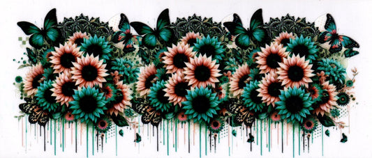 Peach and Teal Flowers and Butterflies