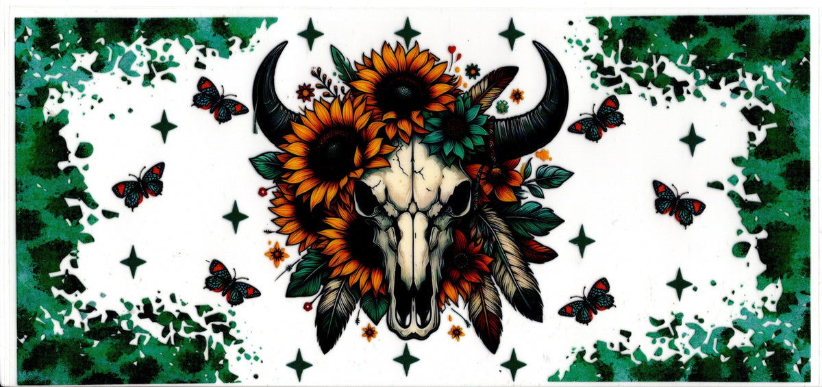 Teal Bull Skull With Sunflowers
