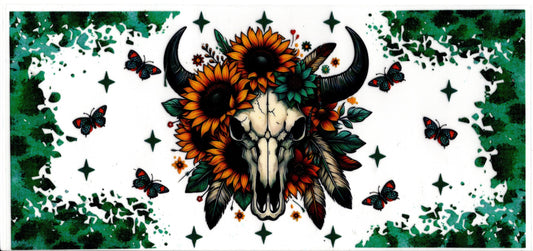 Teal Bull Skull With Sunflowers