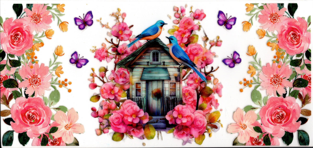 Birds On House Flowers and Butterflies