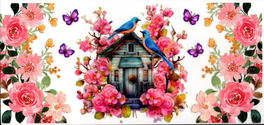 Birds On House Flowers and Butterflies