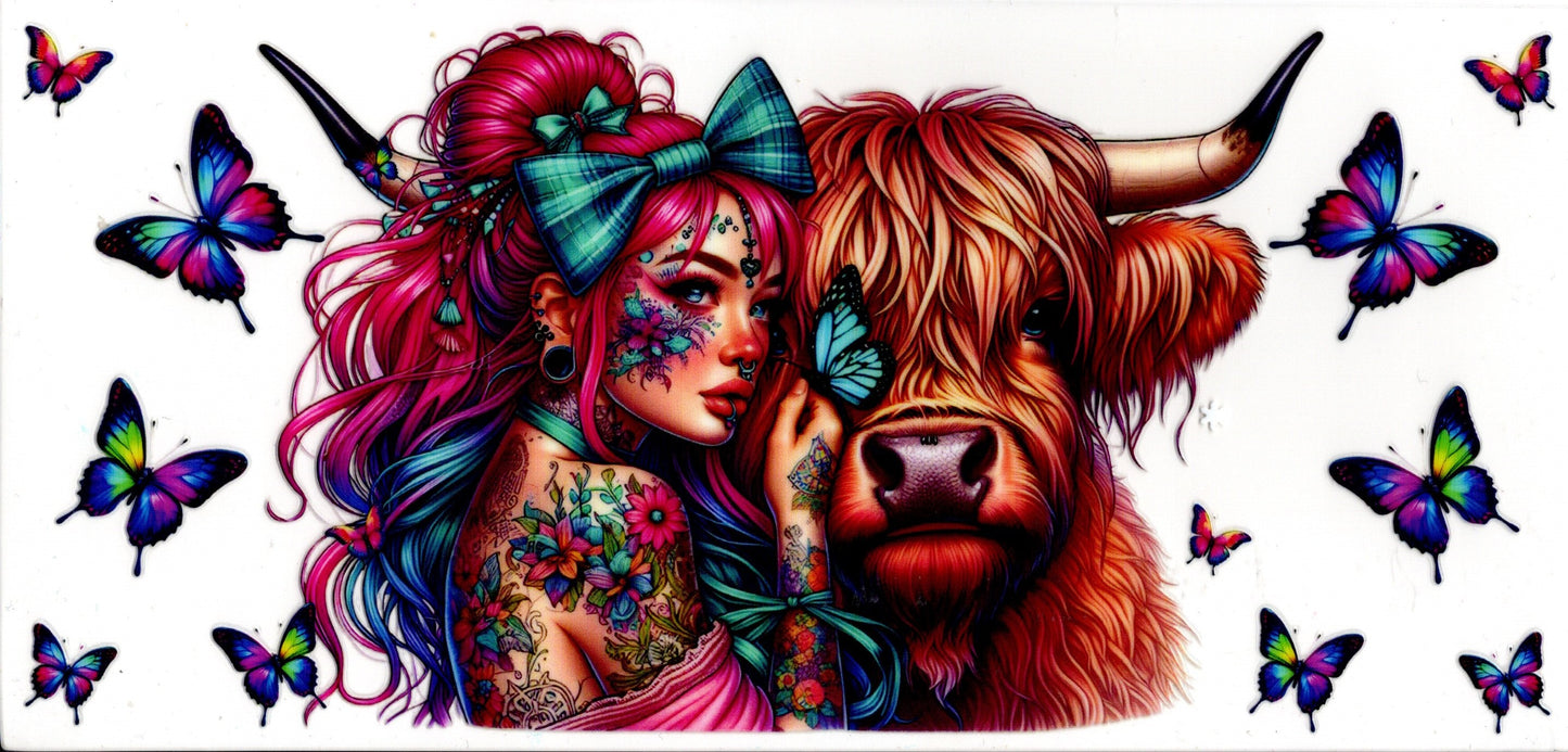 Tattoo Girl Highland Cow and Butterlfies