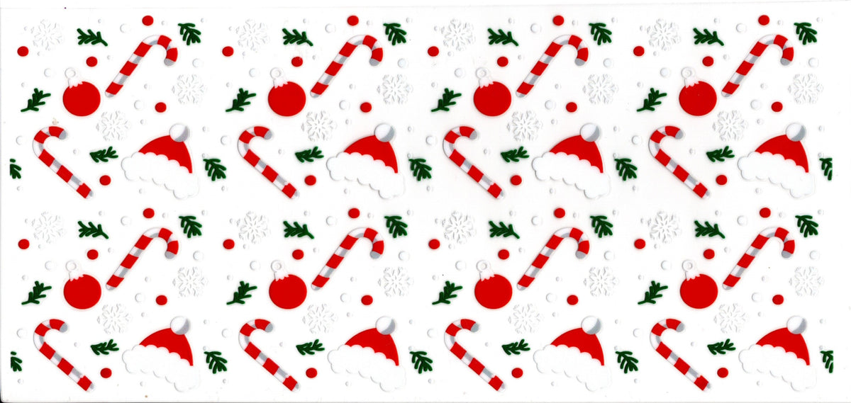 Candy Canes Santy Hats Ornaments and Snowflakes