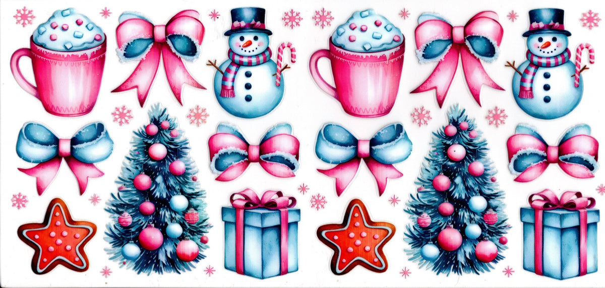 Pink and Blue Snowmen Coffee Gifts and Christmas Trees