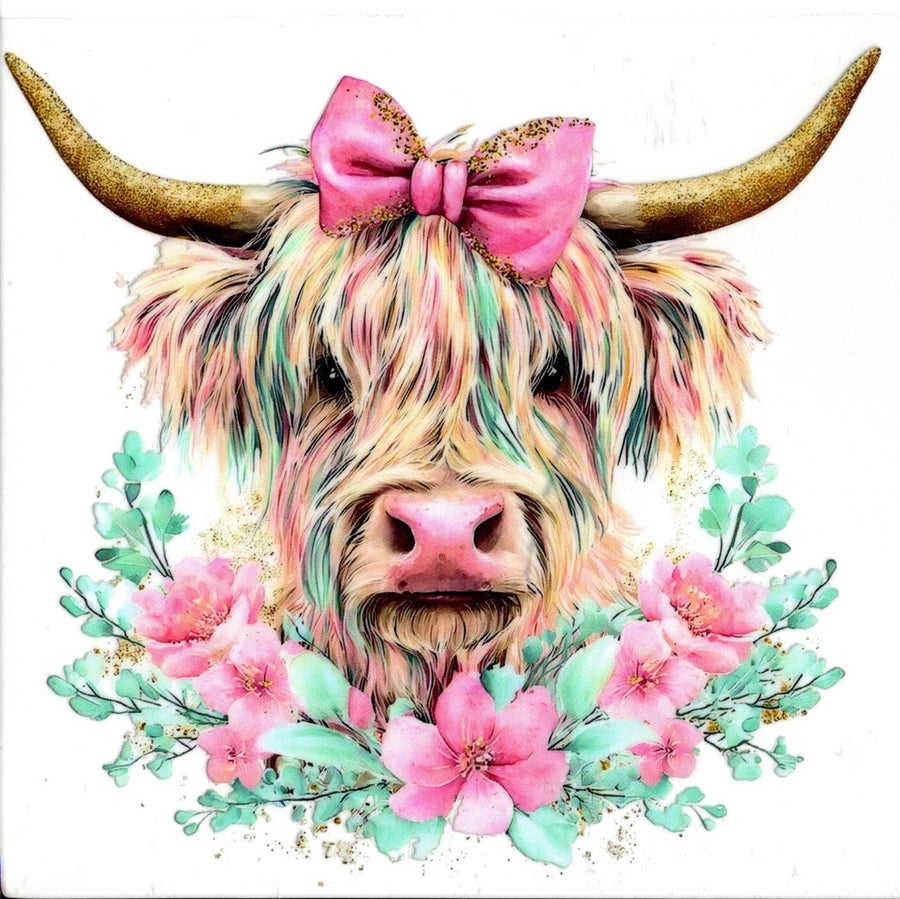 Pastel Pink and Teal Highland Cow with Bow