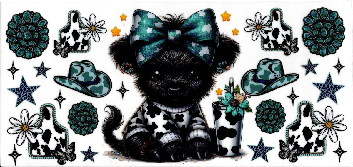 Highland Cow with Western Things ~ Blue Cow Print Bow and Shirt