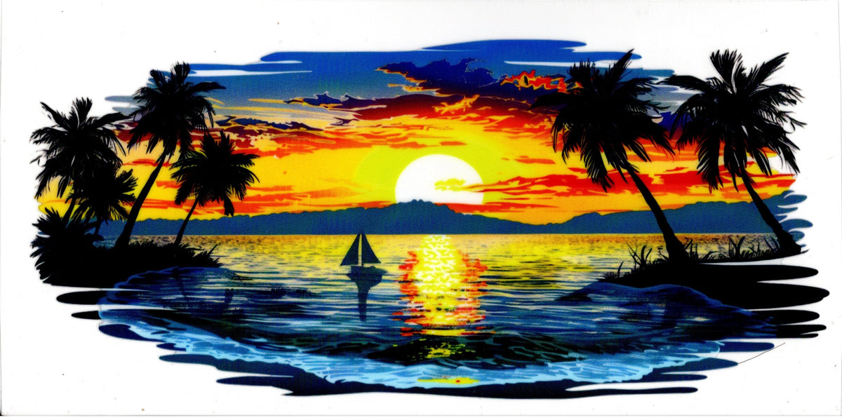Ocean Scene with Sailboat and Palm Trees ~ Blue
