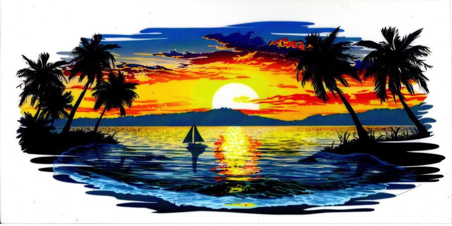 Ocean Scene with Sailboat and Palm Trees ~ Blue