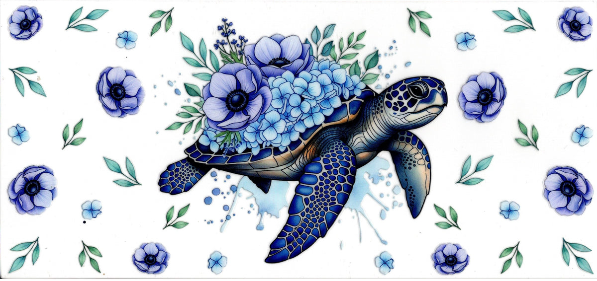 Pastel Blue and Purple Flowers on Turtle