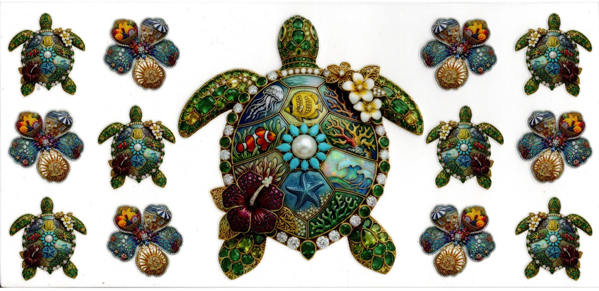 Large/Small Turtles and Flowers With Ocean Items In Shells