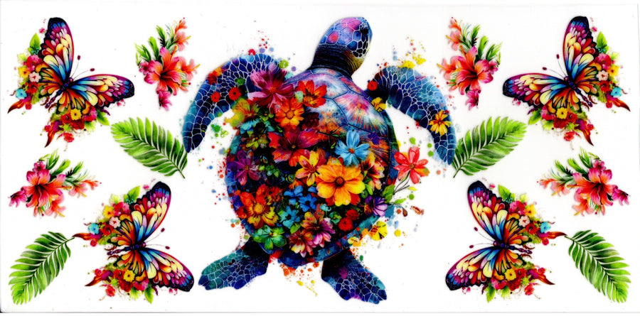 Turtle With Bright Colored Flowers and Butterflies