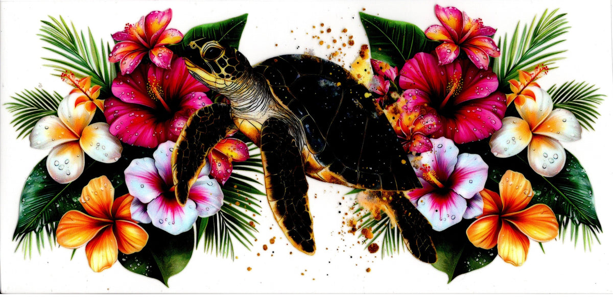 Turtle With Pink White and Orange Tropical Flowers