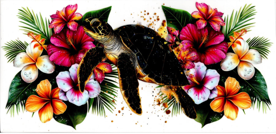 Turtle With Pink White and Orange Tropical Flowers