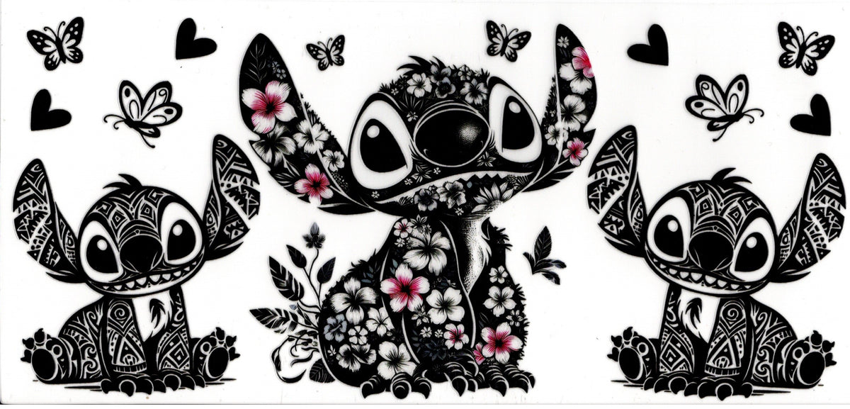Black Lined Stitch with Pink Flowers