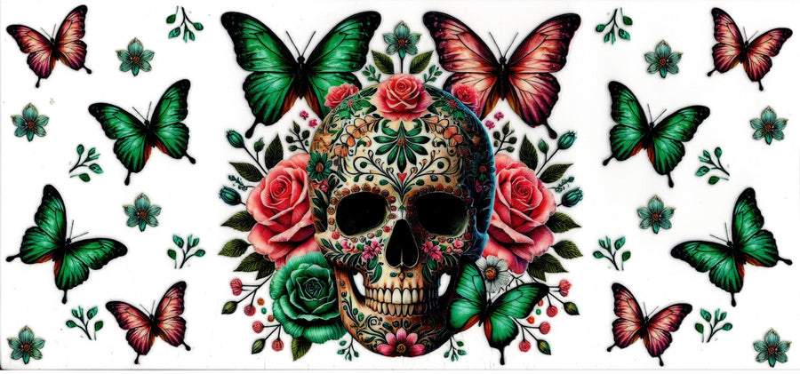 Sugar Skull ~ Teal and Pink Butterflies