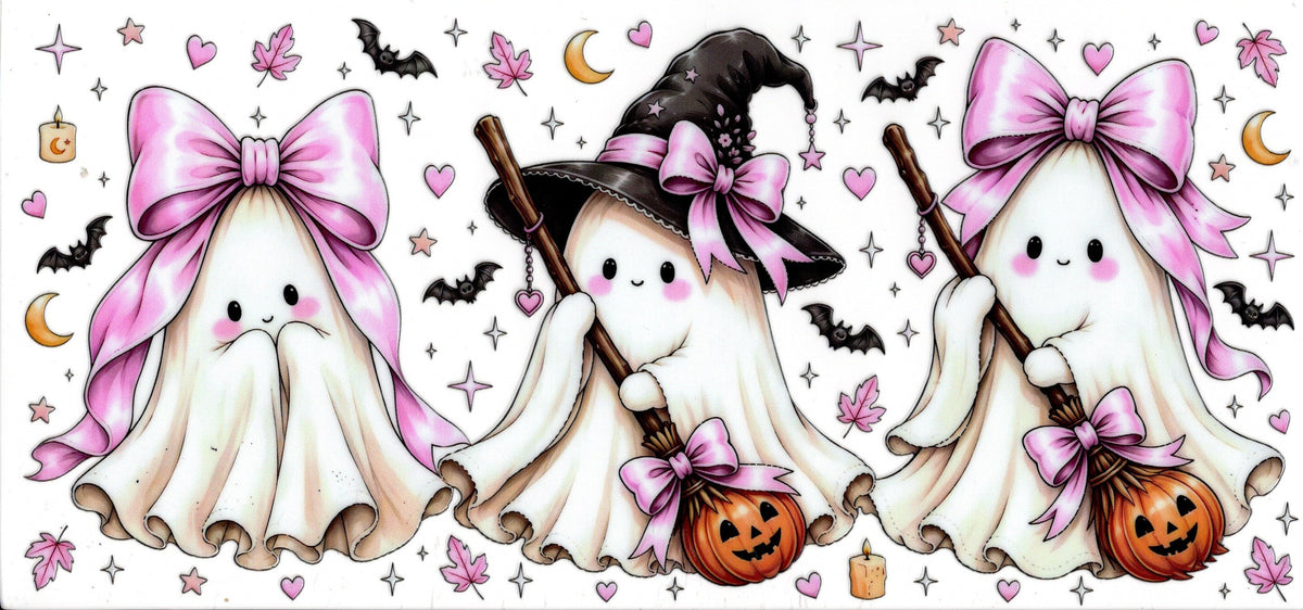 cute ghost with pumpkin brooms